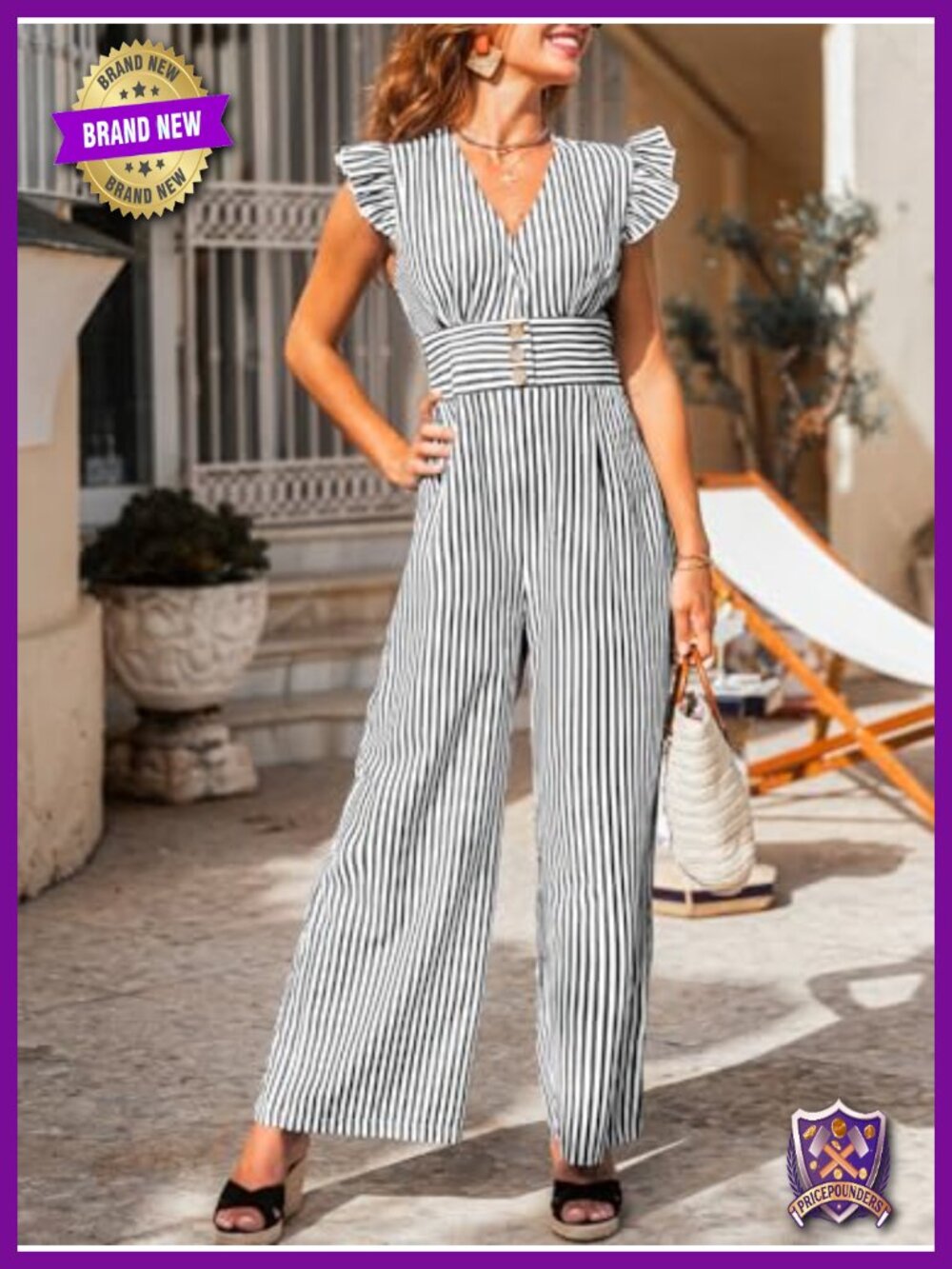 CUPSHE Women's Ruffle Cap Sleeve V-Neck Loose Fit Wide Leg Striped Jumpsuit - Picture 3 of 5
